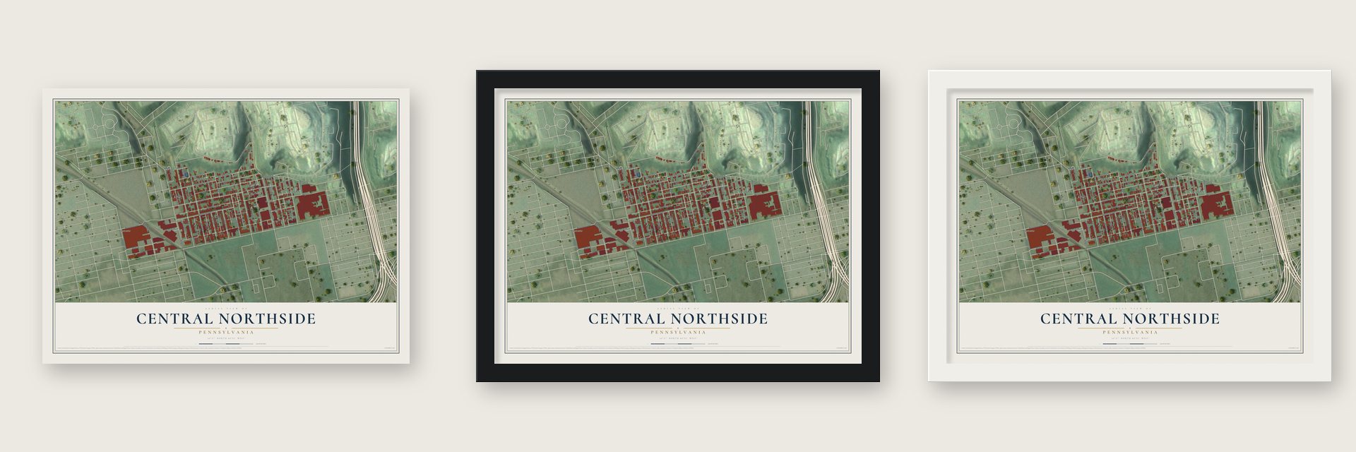 Central Northside, Pennsylvania map unframed, in a black wood frame and in a white wood frame