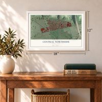 Central Northside, Pennsylvania map, 12 x 18 inch print in a white frame in an entryway