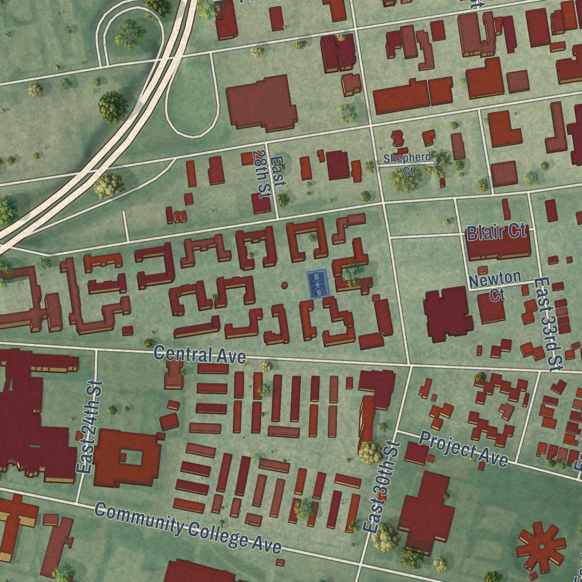 Second close-up of the map of Central, Ohio print showing more streets and buildings