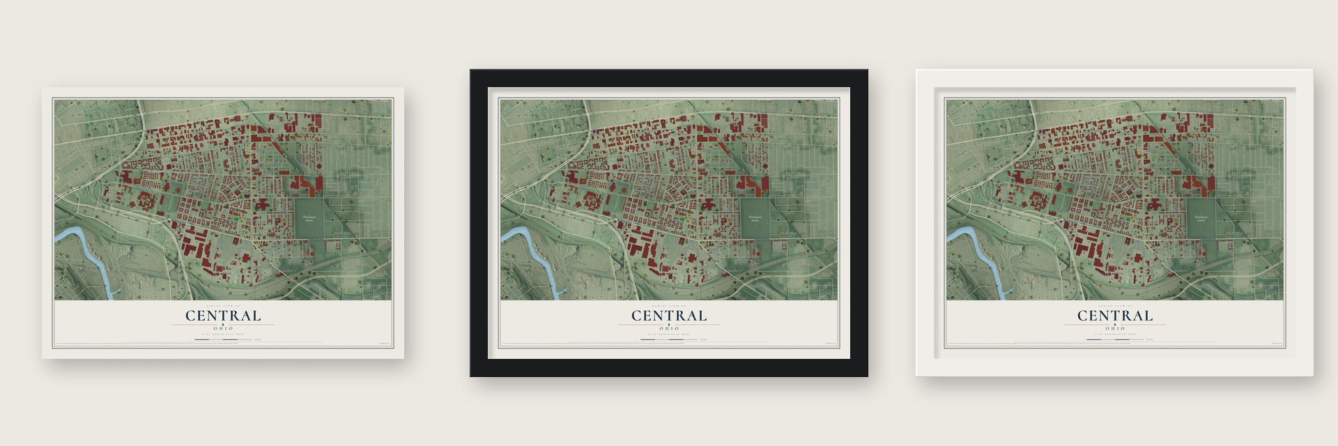 Central, Ohio map unframed, in a black wood frame and in a white wood frame