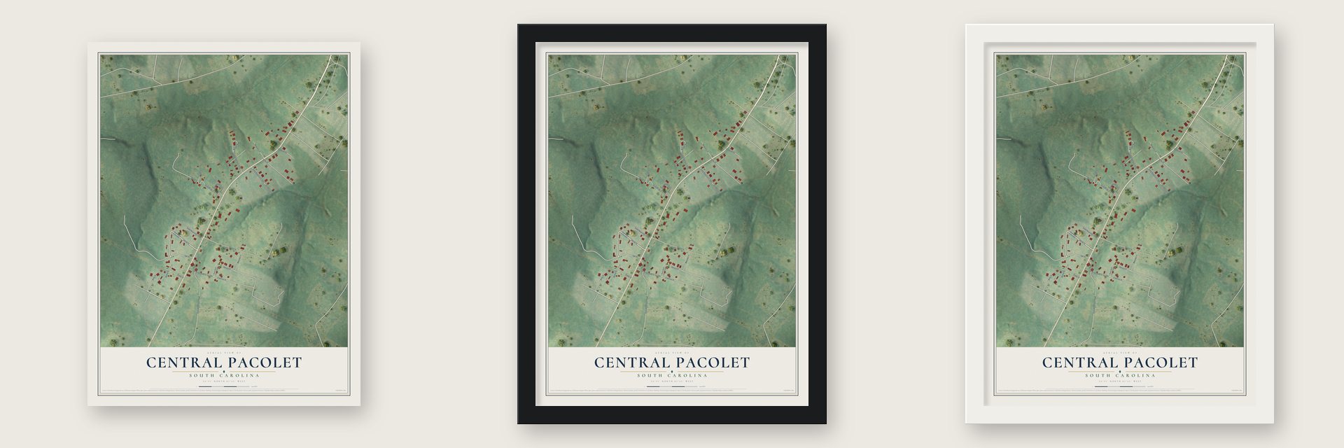 Central Pacolet, South Carolina map unframed, in a black wood frame and in a white wood frame