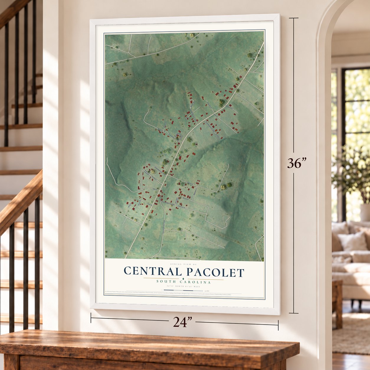 Central Pacolet, South Carolina map, 24 x 36 inch print in a white frame by a staircase