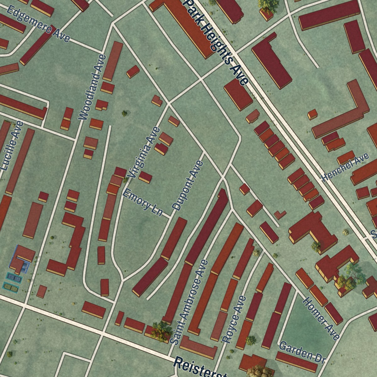 Second close-up of the map of Central Park Heights, Maryland print showing more streets and buildings