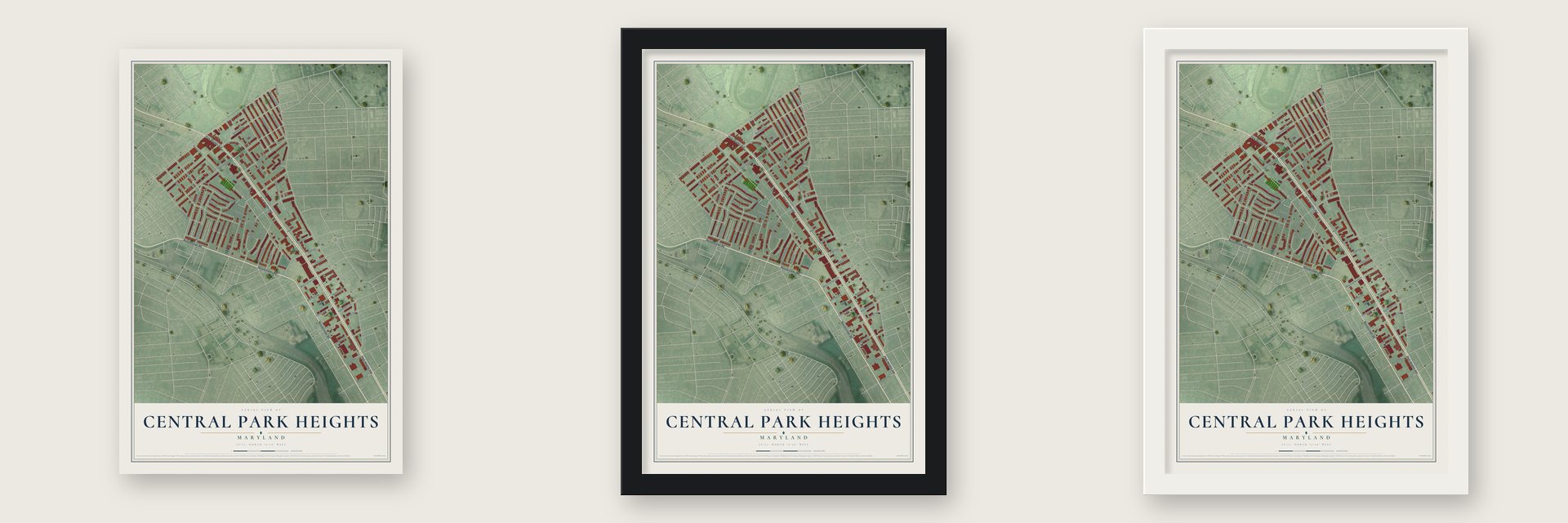 Central Park Heights, Maryland map unframed, in a black wood frame and in a white wood frame