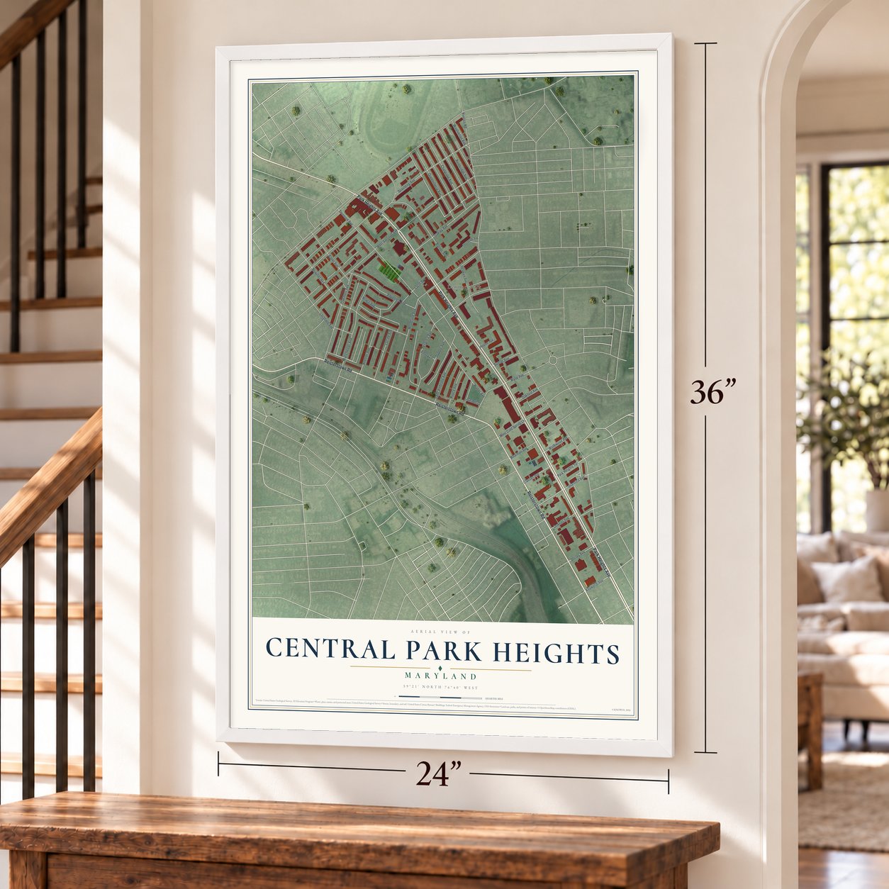 Central Park Heights, Maryland map, 24 x 36 inch print in a white frame by a staircase