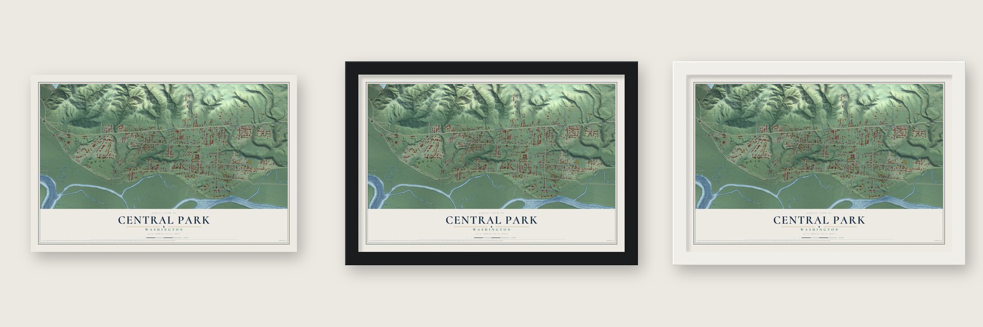 Central Park, Washington map unframed, in a black wood frame and in a white wood frame