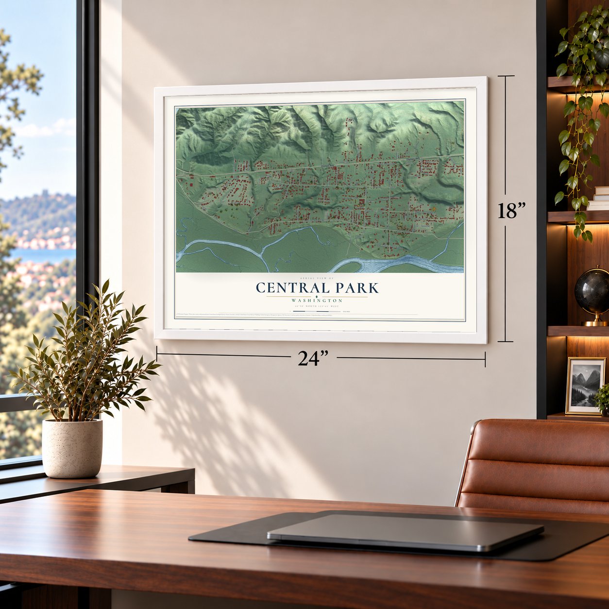 Central Park, Washington map, 18 x 24 inch print in a white frame in a home office