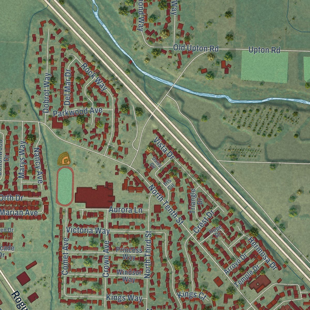 Second close-up of the map of Central Point, Oregon print showing more streets and buildings