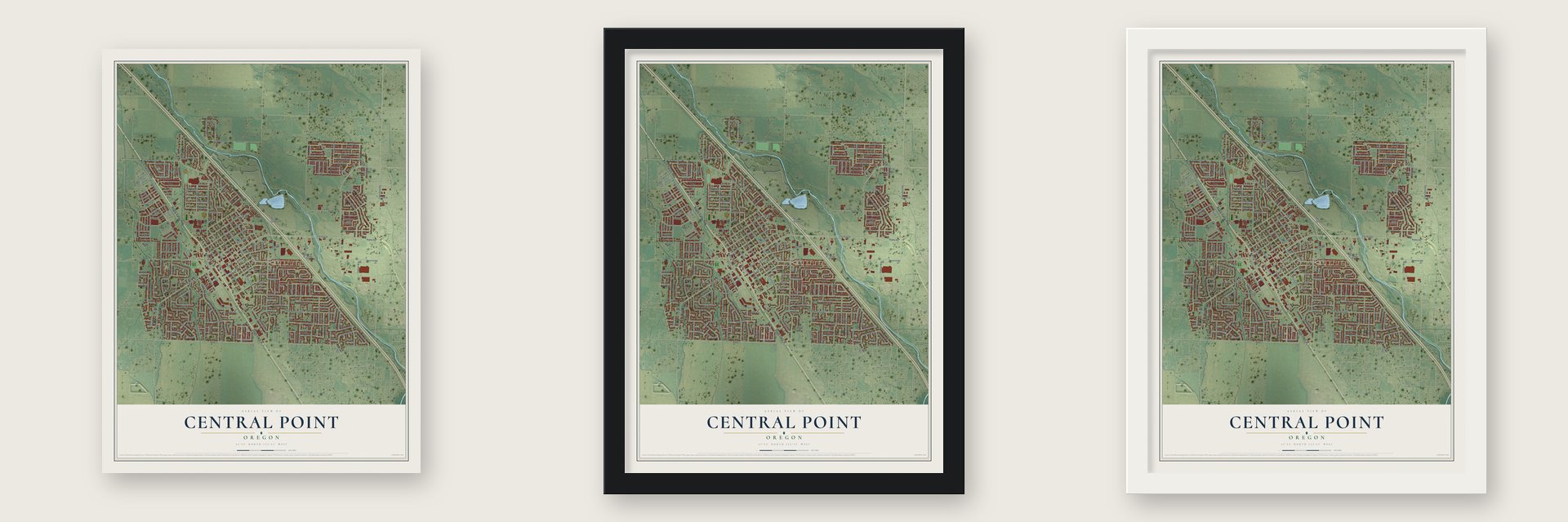 Central Point, Oregon map unframed, in a black wood frame and in a white wood frame