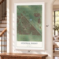 Central Point, Oregon map, 24 x 36 inch print in a white frame by a staircase