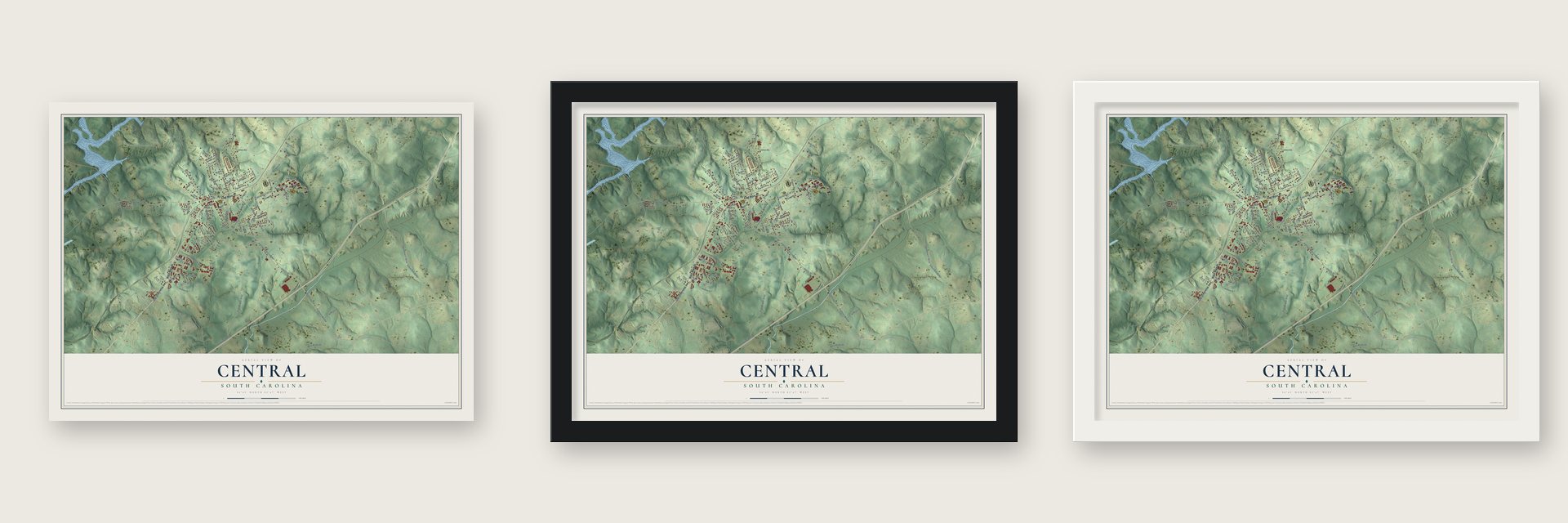Central, South Carolina map unframed, in a black wood frame and in a white wood frame