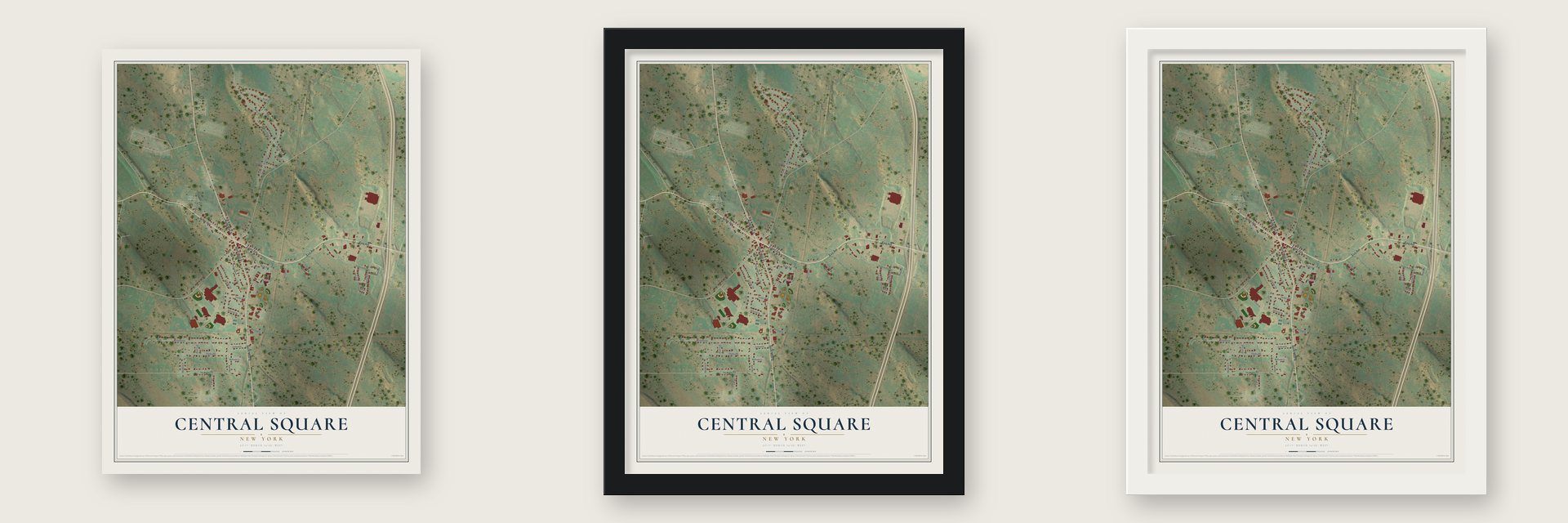 Central Square, New York map unframed, in a black wood frame and in a white wood frame