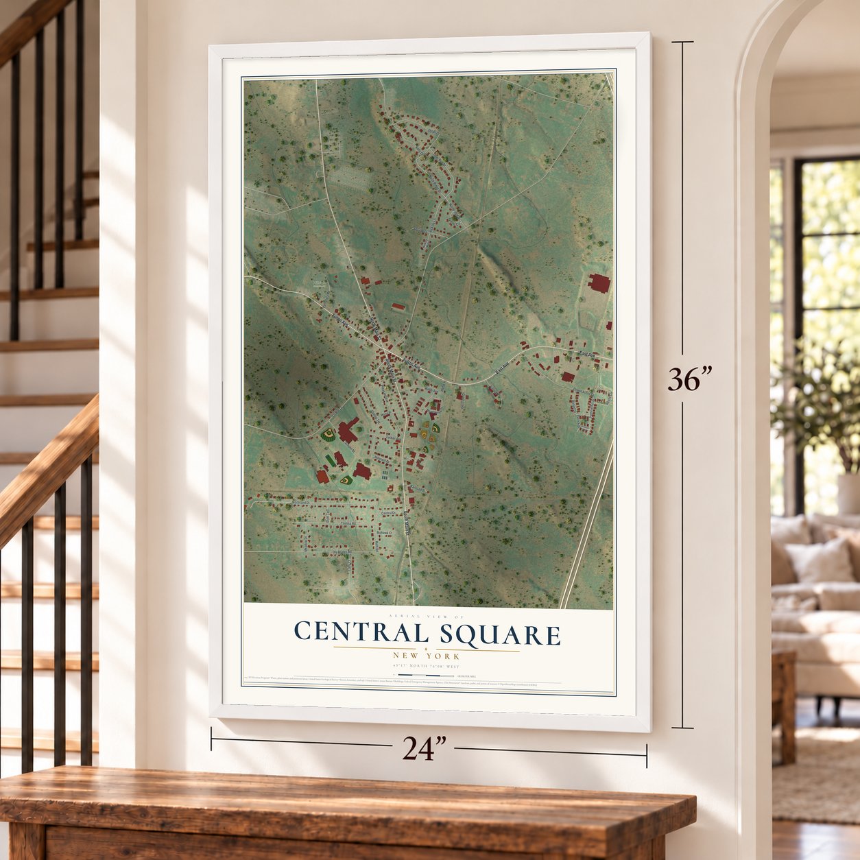 Central Square, New York map, 24 x 36 inch print in a white frame by a staircase