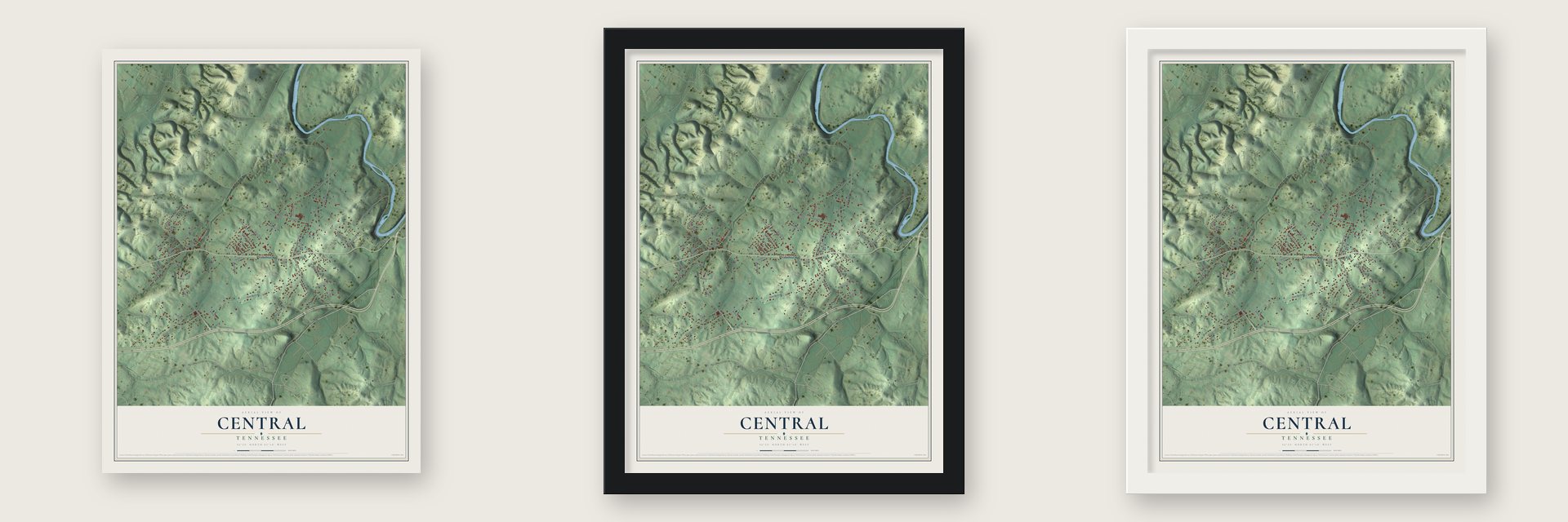 Central, Tennessee map unframed, in a black wood frame and in a white wood frame