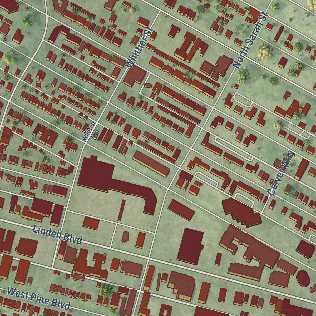 Second close-up of the map of Central West End, Missouri print showing more streets and buildings