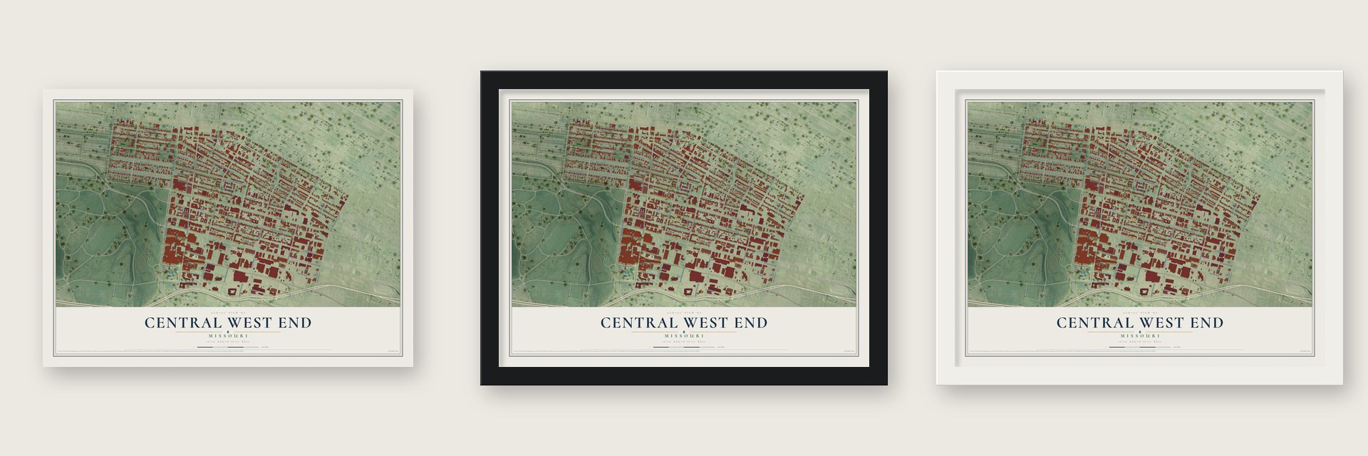 Central West End, Missouri map unframed, in a black wood frame and in a white wood frame