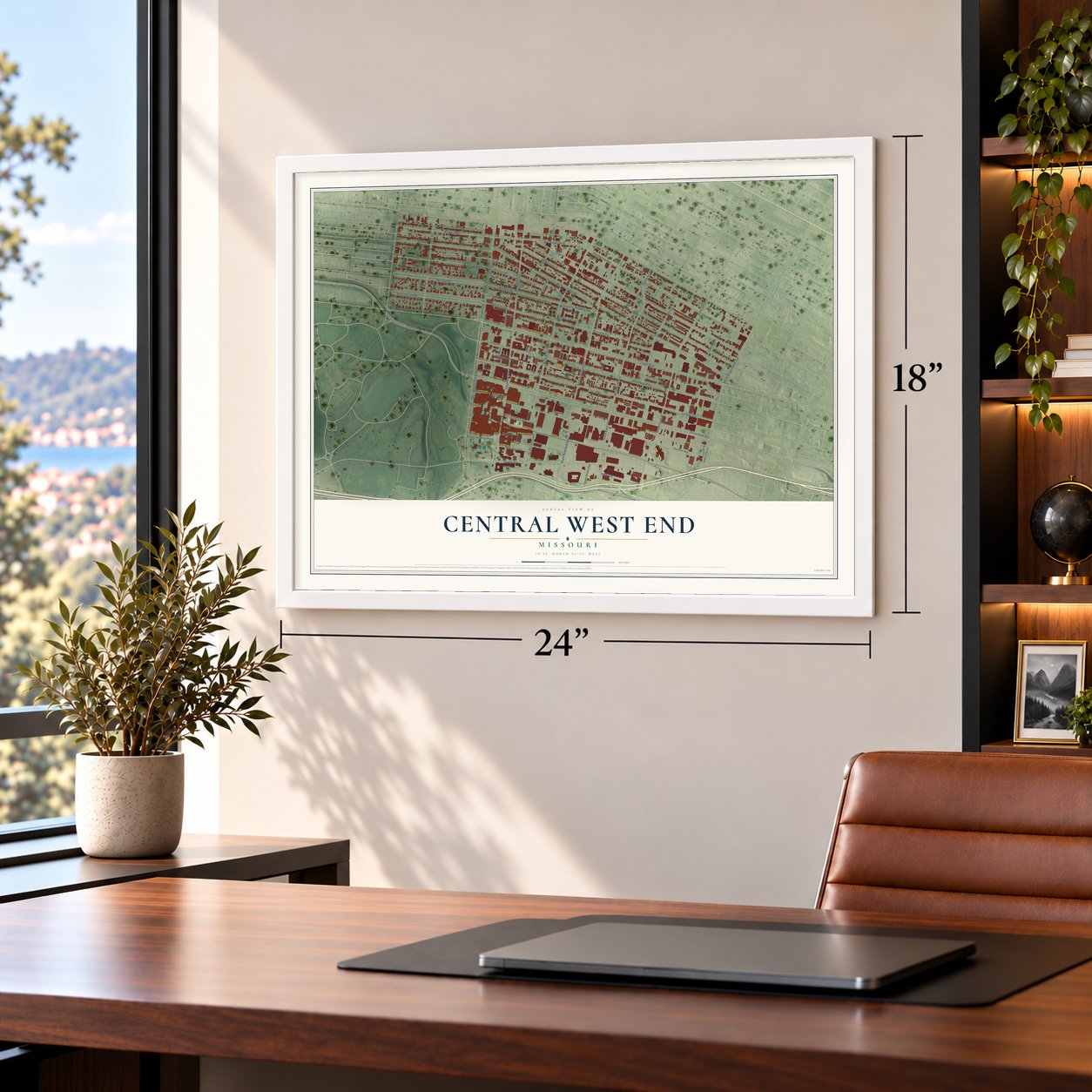Central West End, Missouri map, 18 x 24 inch print in a white frame in a home office