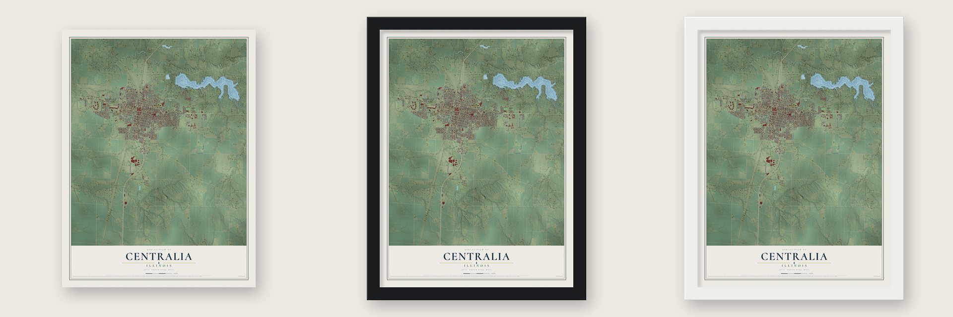 Centralia, Illinois map unframed, in a black wood frame and in a white wood frame