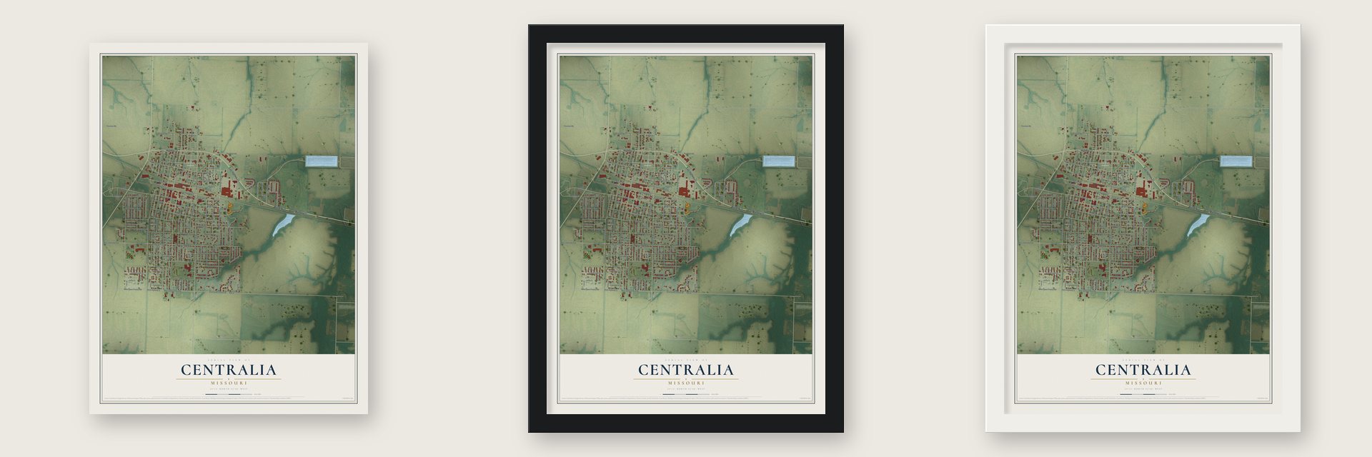 Centralia, Missouri map unframed, in a black wood frame and in a white wood frame