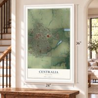 Centralia, Missouri map, 24 x 36 inch print in a white frame by a staircase