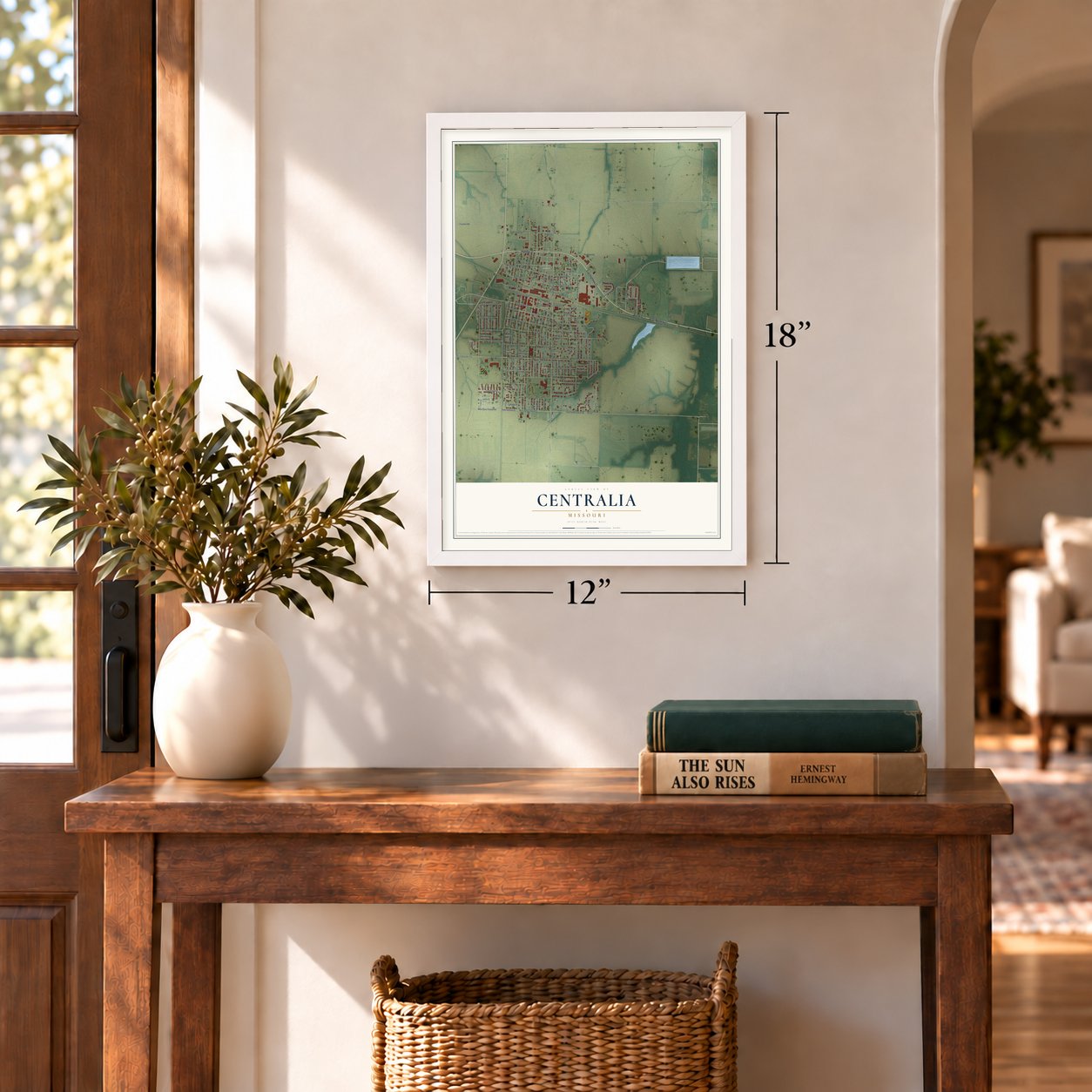 Centralia, Missouri map, 12 x 18 inch print in a white frame in an entryway