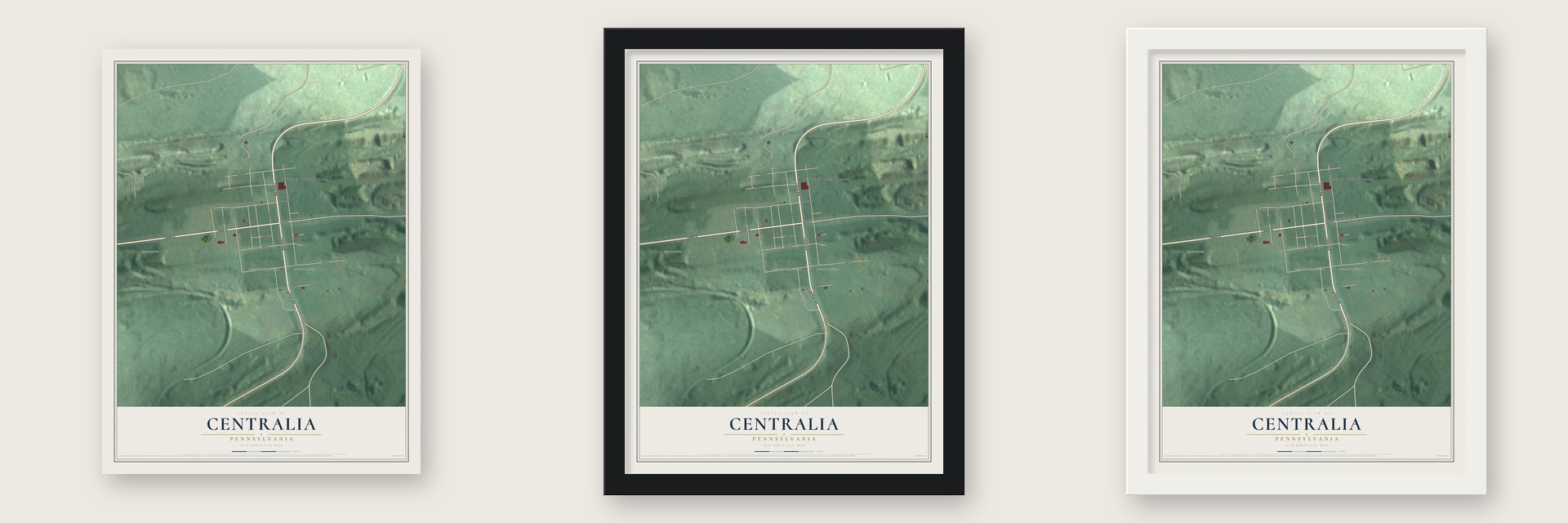 Centralia, Pennsylvania map unframed, in a black wood frame and in a white wood frame
