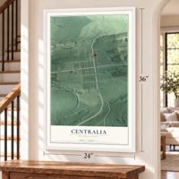 Centralia, Pennsylvania map, 24 x 36 inch print in a white frame by a staircase