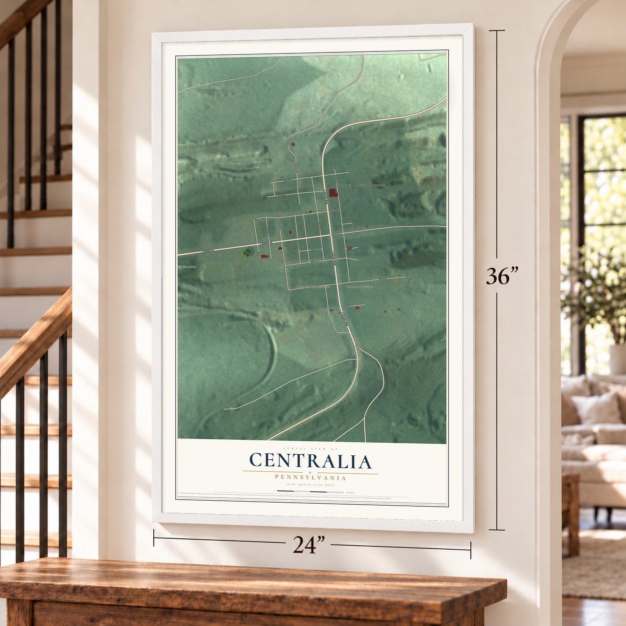 Centralia, Pennsylvania map, 24 x 36 inch print in a white frame by a staircase