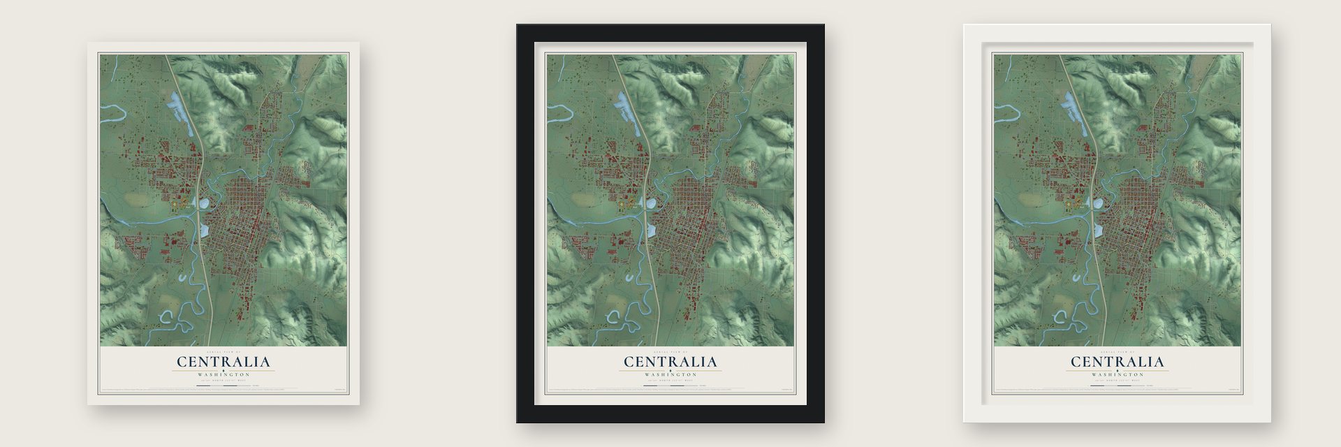 Centralia, Washington map unframed, in a black wood frame and in a white wood frame