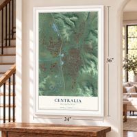 Centralia, Washington map, 24 x 36 inch print in a white frame by a staircase