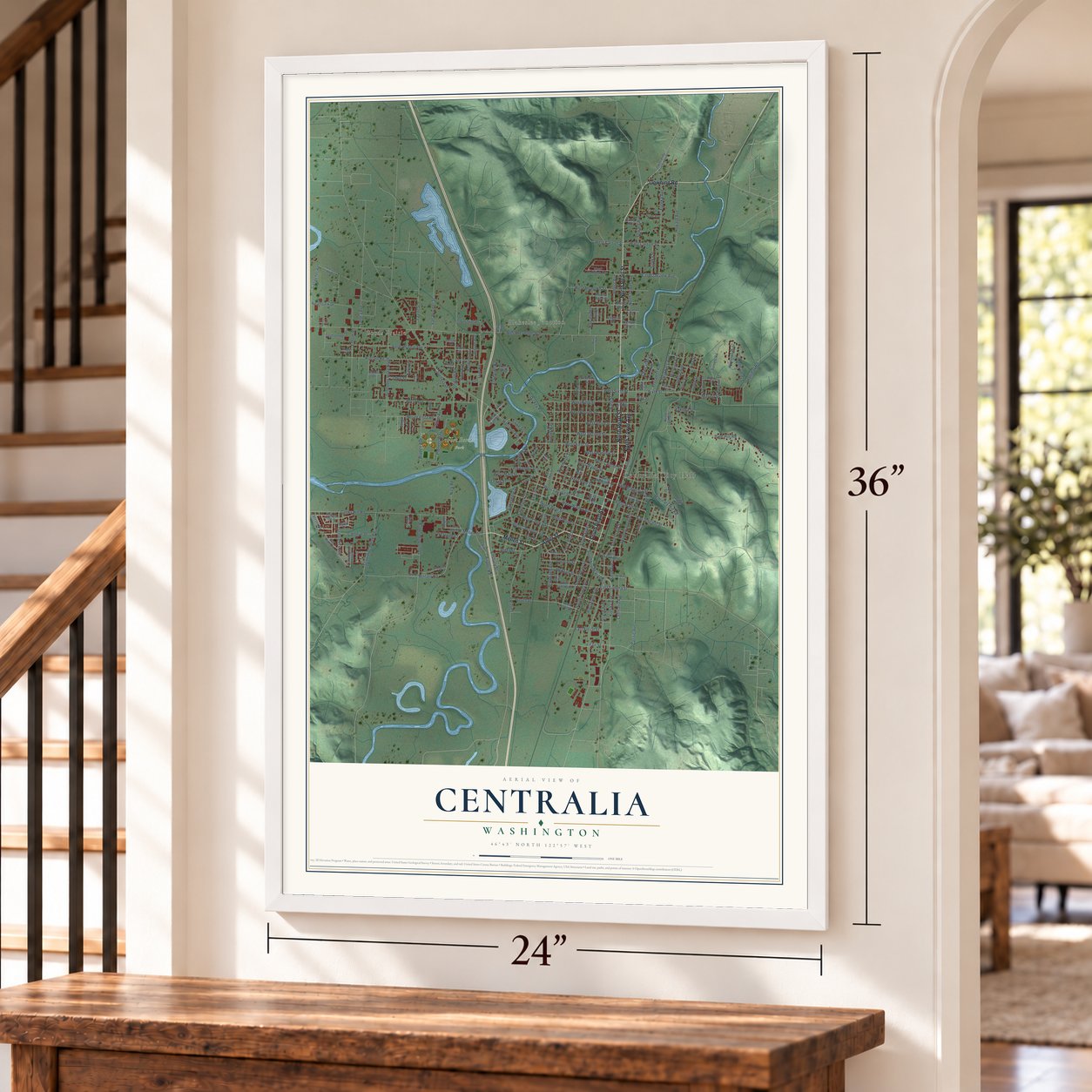 Centralia, Washington map, 24 x 36 inch print in a white frame by a staircase