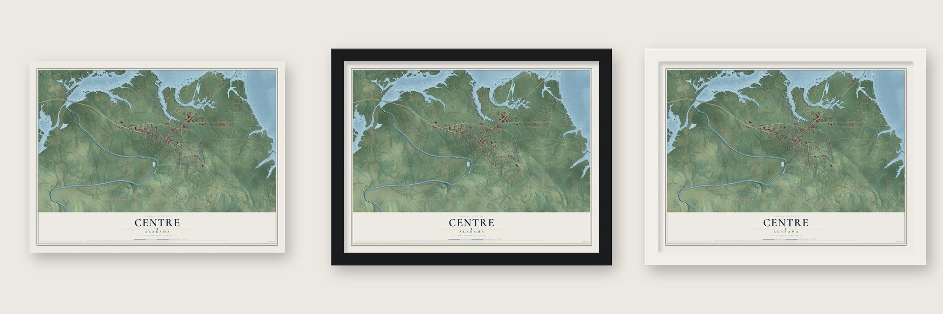 Centre, Alabama map unframed, in a black wood frame and in a white wood frame