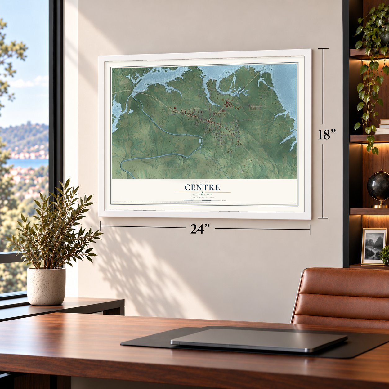 Centre, Alabama map, 18 x 24 inch print in a white frame in a home office