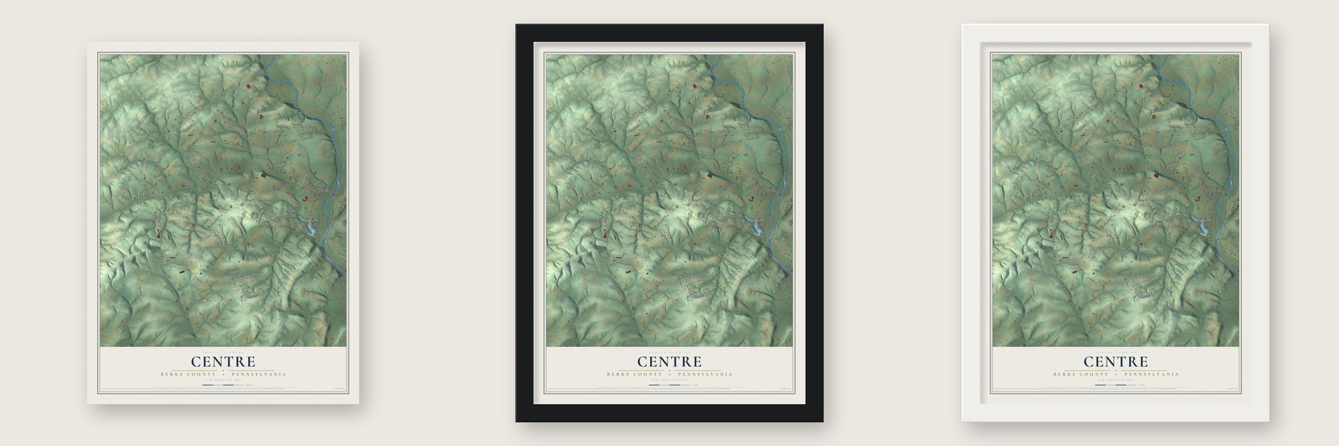 Centre, Berks County, Pennsylvania map unframed, in a black wood frame and in a white wood frame