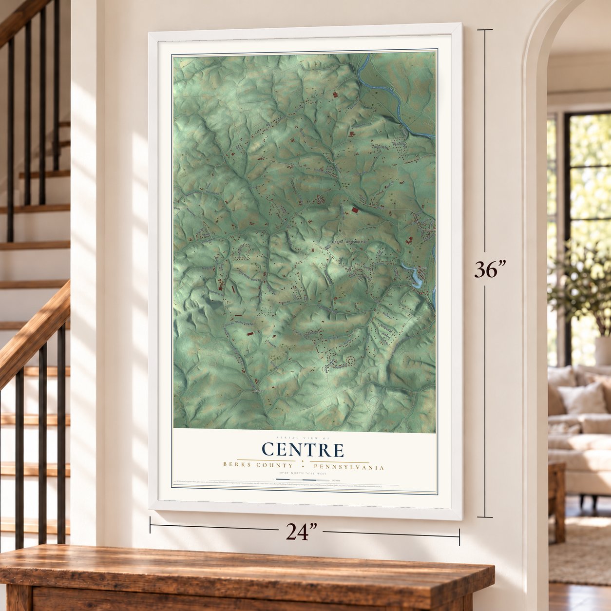 Centre, Berks County, Pennsylvania map, 24 x 36 inch print in a white frame by a staircase