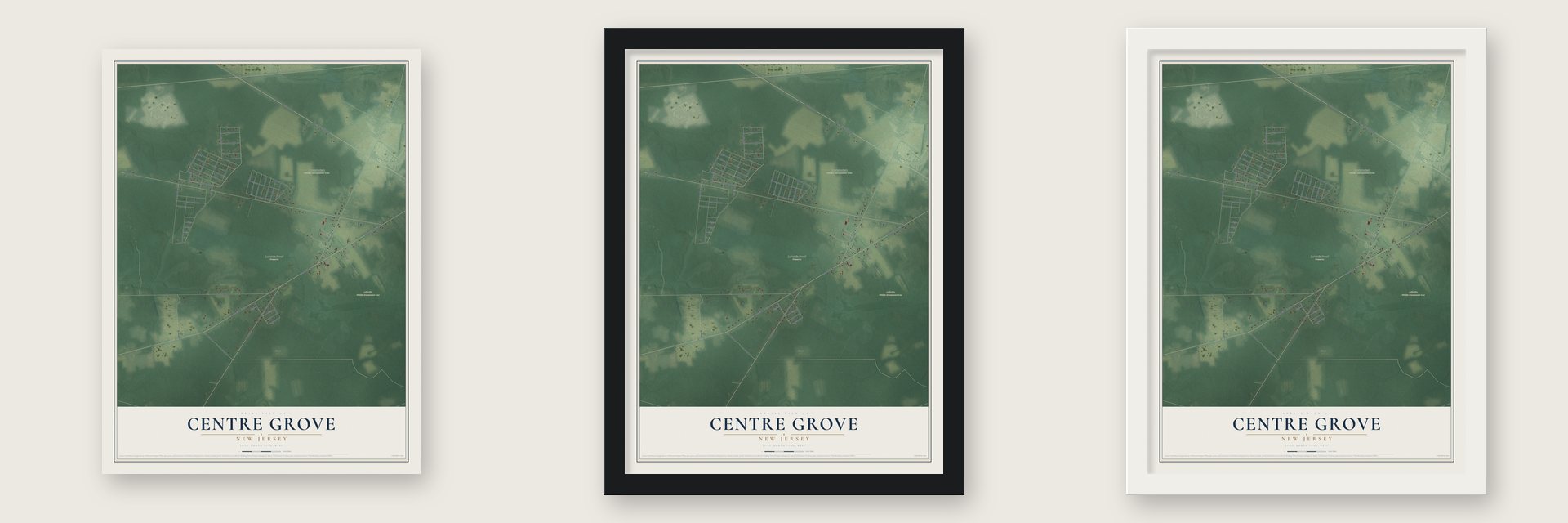 Centre Grove, New Jersey map unframed, in a black wood frame and in a white wood frame
