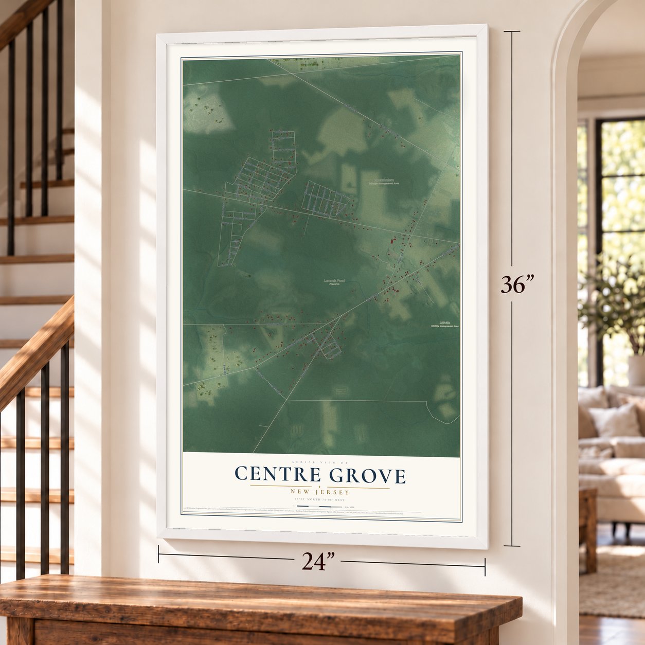 Centre Grove, New Jersey map, 24 x 36 inch print in a white frame by a staircase