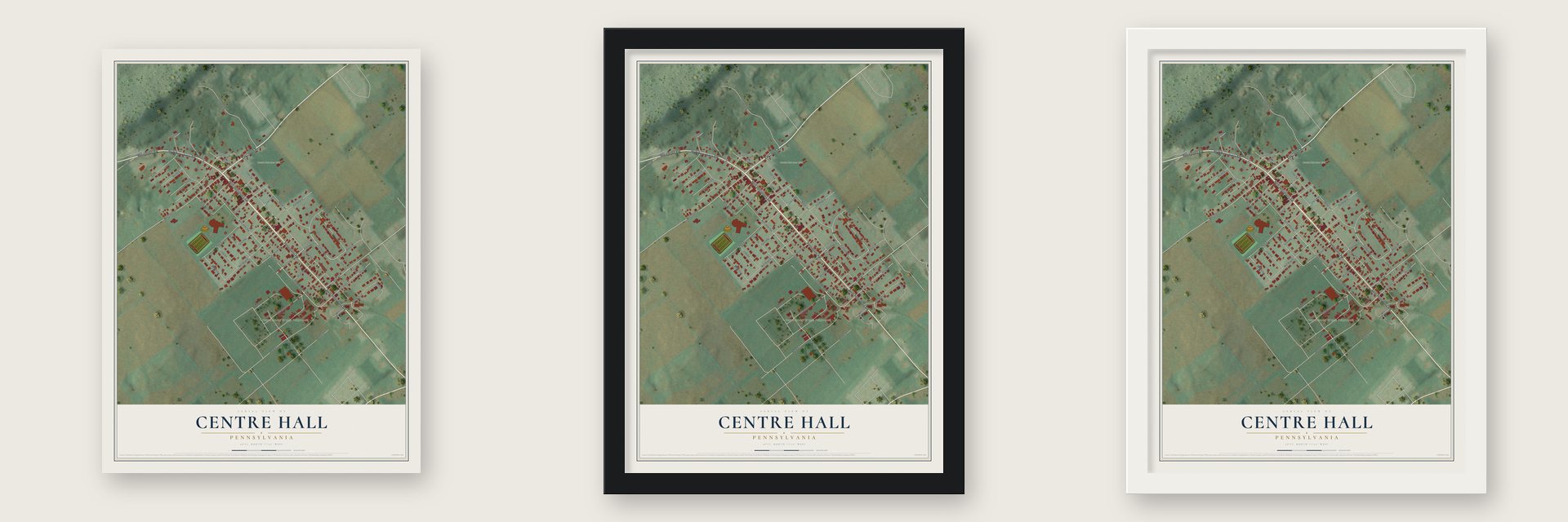 Centre Hall, Pennsylvania map unframed, in a black wood frame and in a white wood frame