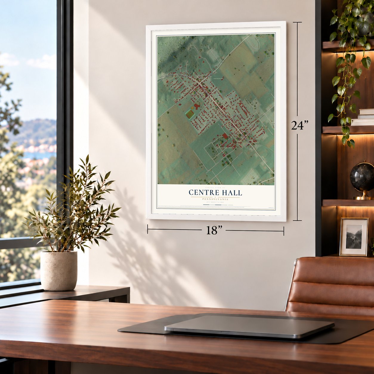 Centre Hall, Pennsylvania map, 18 x 24 inch print in a white frame in a home office