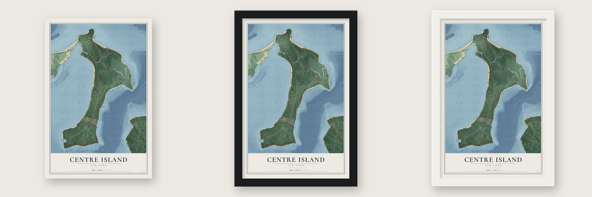 Centre Island, New York map unframed, in a black wood frame and in a white wood frame