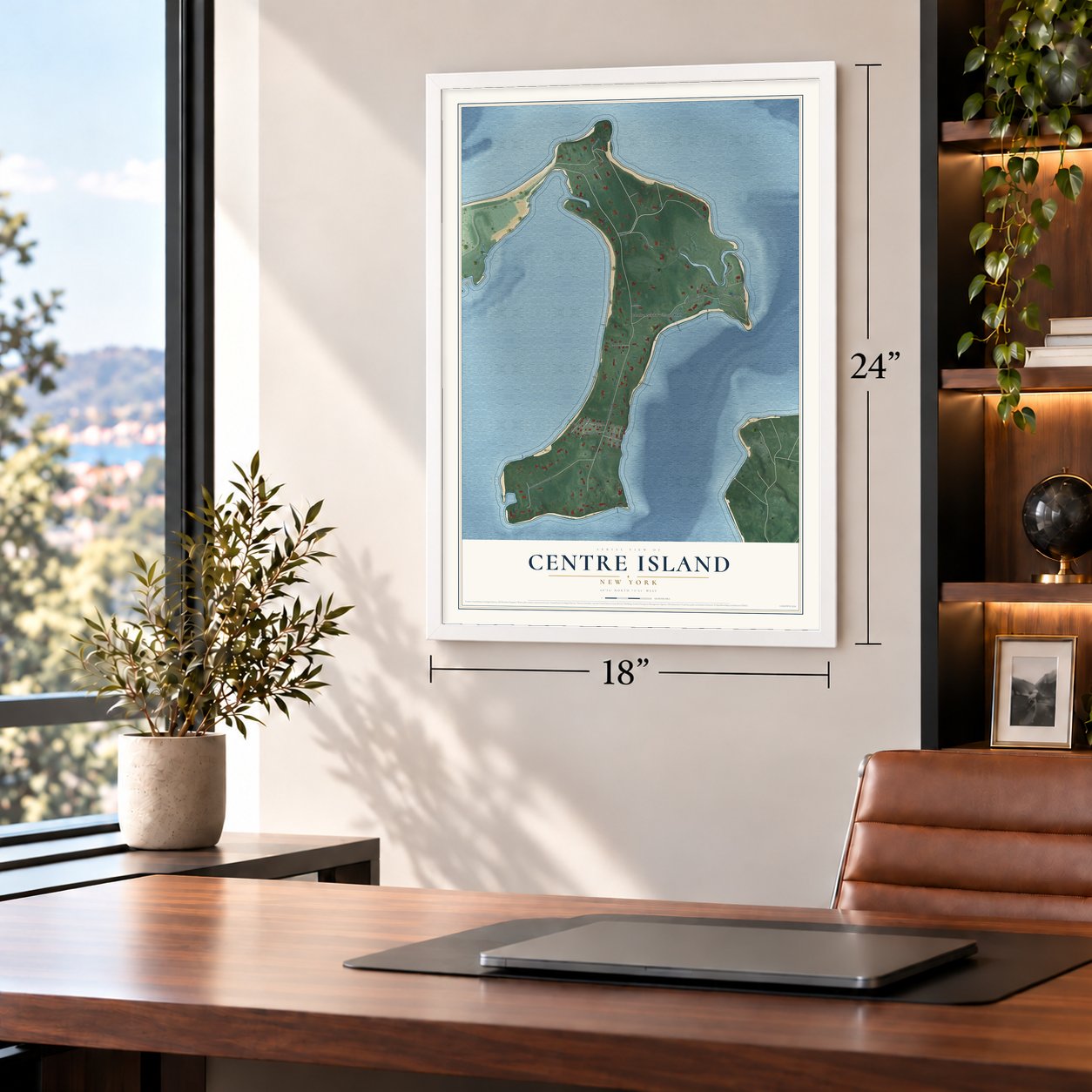 Centre Island, New York map, 18 x 24 inch print in a white frame in a home office