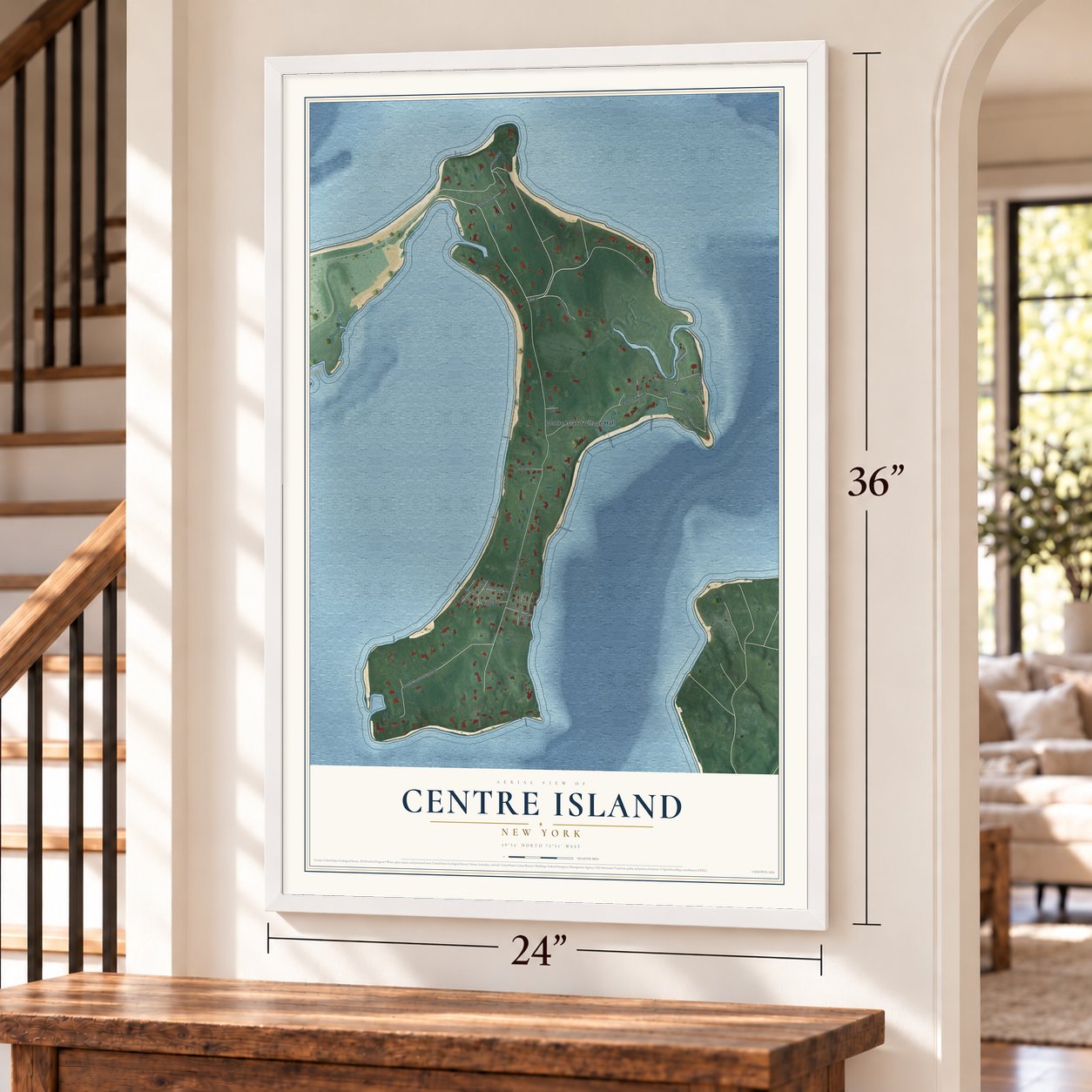 Centre Island, New York map, 24 x 36 inch print in a white frame by a staircase