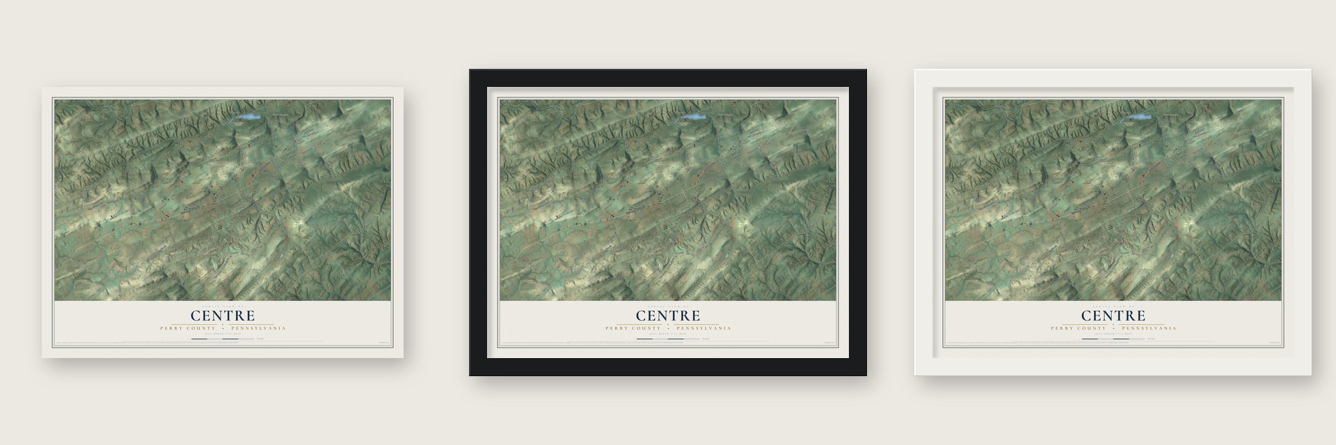 Centre, Perry County, Pennsylvania map unframed, in a black wood frame and in a white wood frame