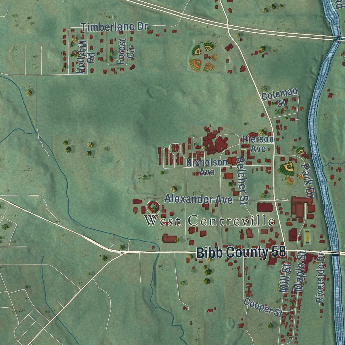 Second close-up of the map of Centreville, Alabama print showing more streets and buildings