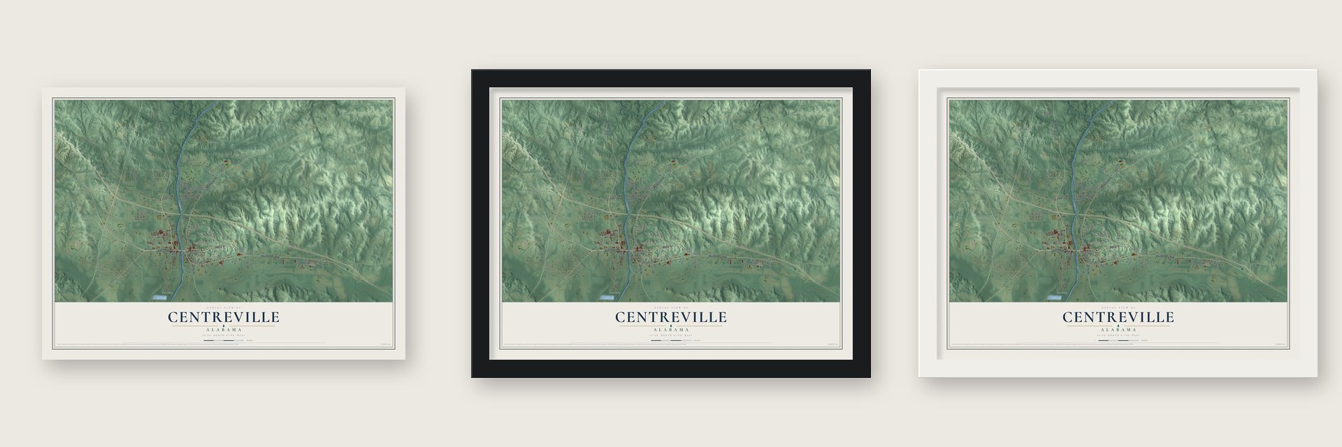 Centreville, Alabama map unframed, in a black wood frame and in a white wood frame