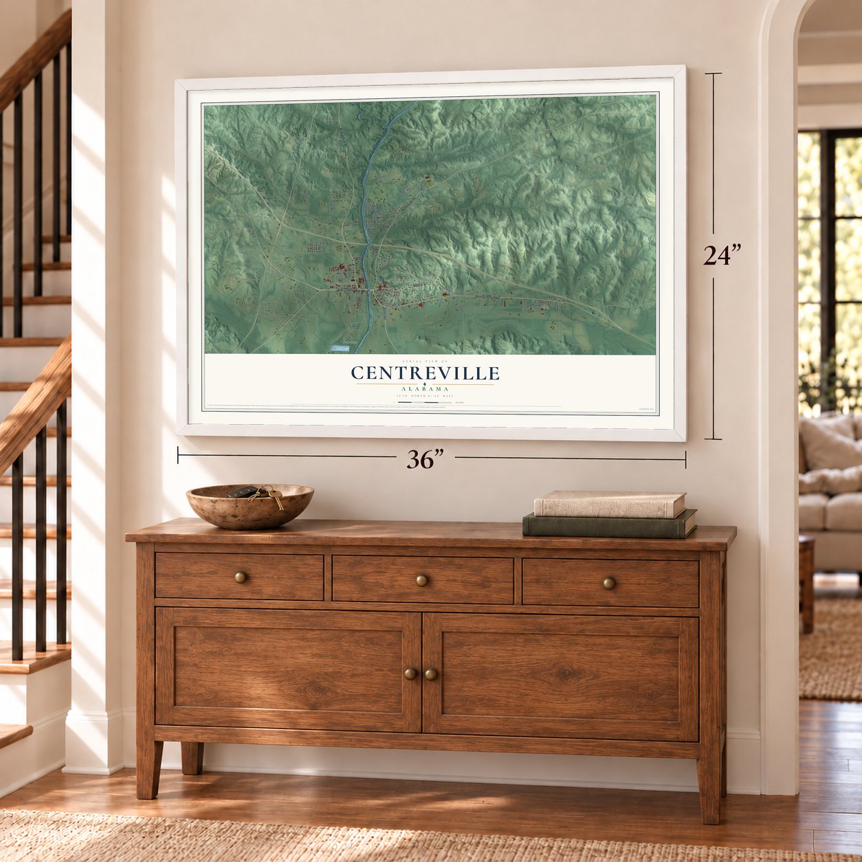 Centreville, Alabama map, 24 x 36 inch print in a white frame above a dresser by a staircase
