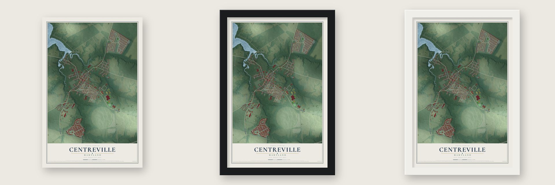 Centreville, Maryland map unframed, in a black wood frame and in a white wood frame