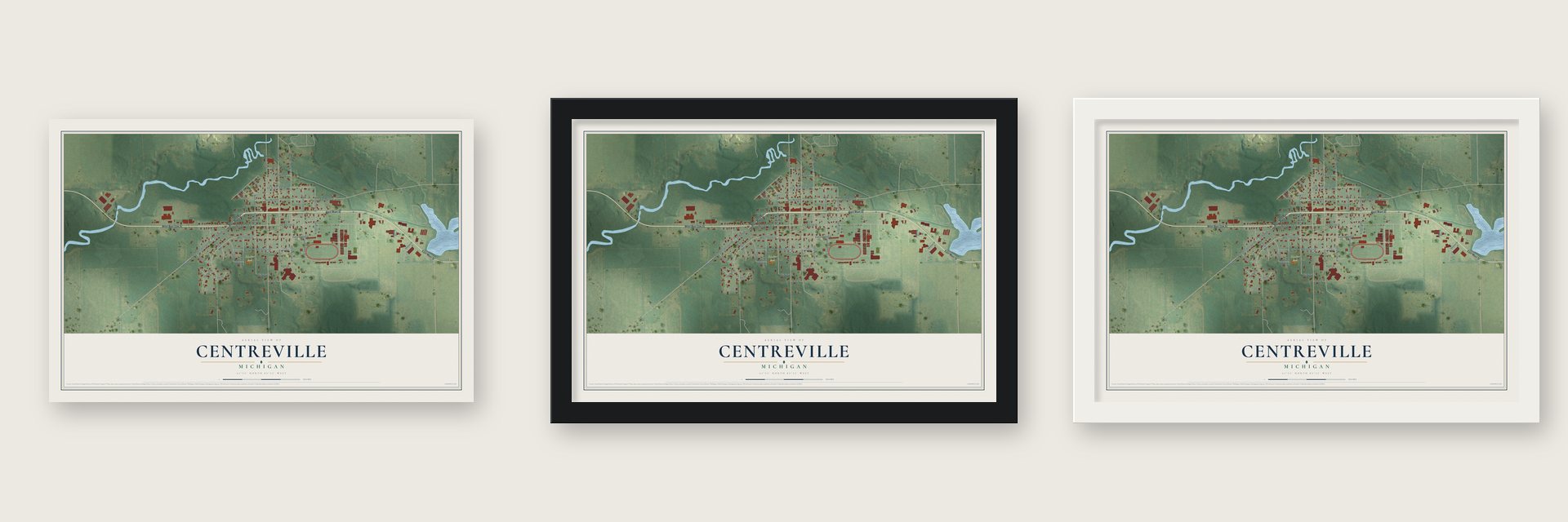 Centreville, Michigan map unframed, in a black wood frame and in a white wood frame