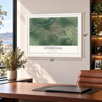 Centreville, Michigan map, 18 x 24 inch print in a white frame in a home office