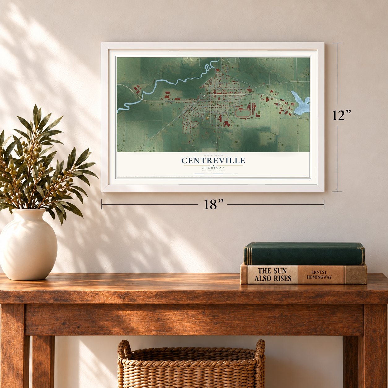 Centreville, Michigan map, 12 x 18 inch print in a white frame in an entryway